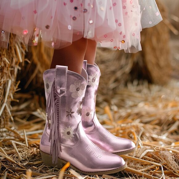 Girls Purple Cowgirl Boots With Tassel Floral Embroidered Kids Western Boots - Picture 4 of 5